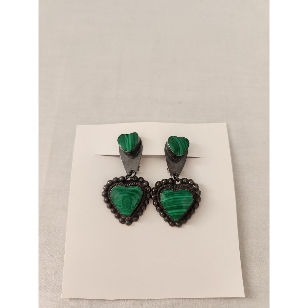 Vintage Beautiful Pair of Green Malachite Heart Clip On Earrings Stand Out
